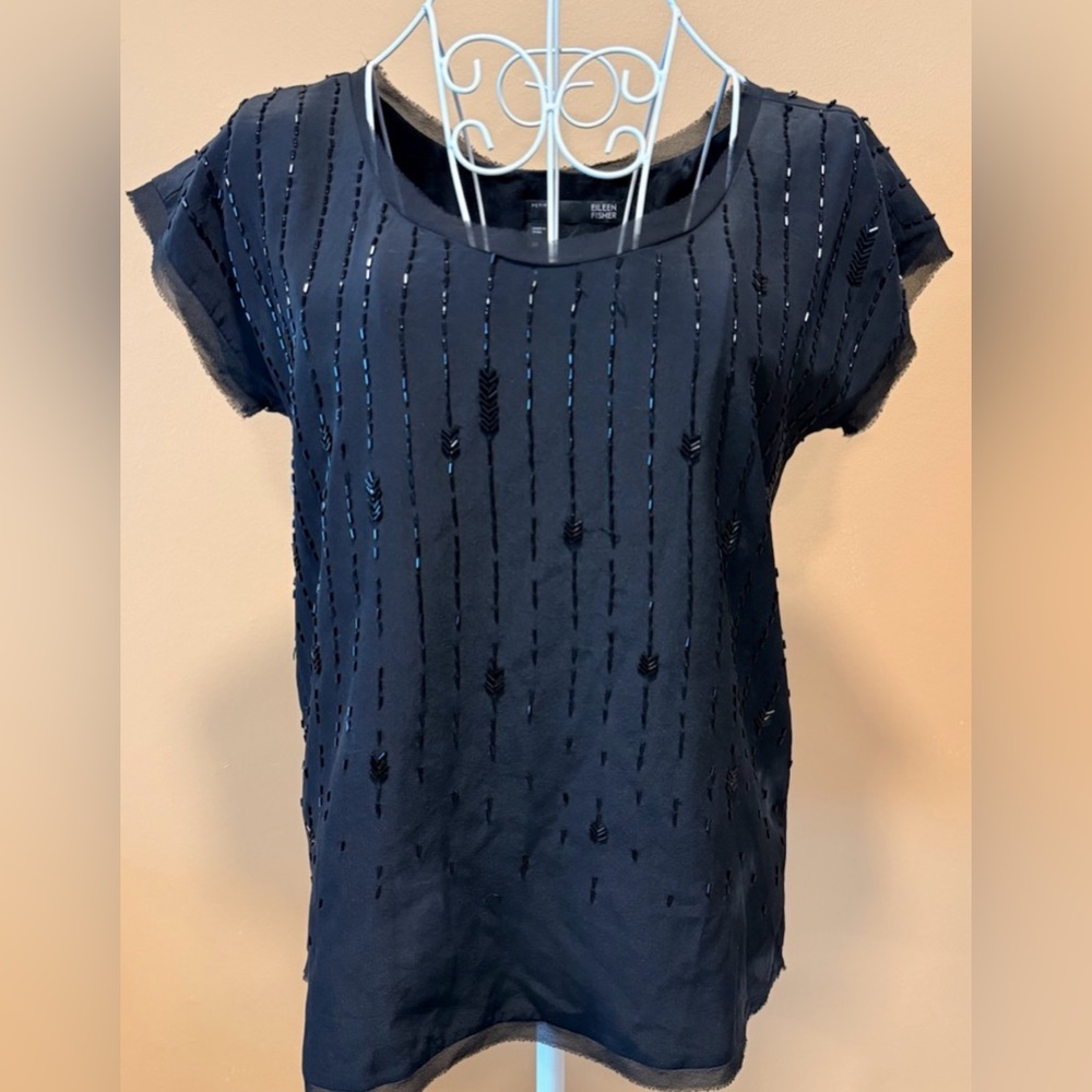 Eileen Fisher Silk Beaded Blouse Black XSP Petite Short Sleeve Lined